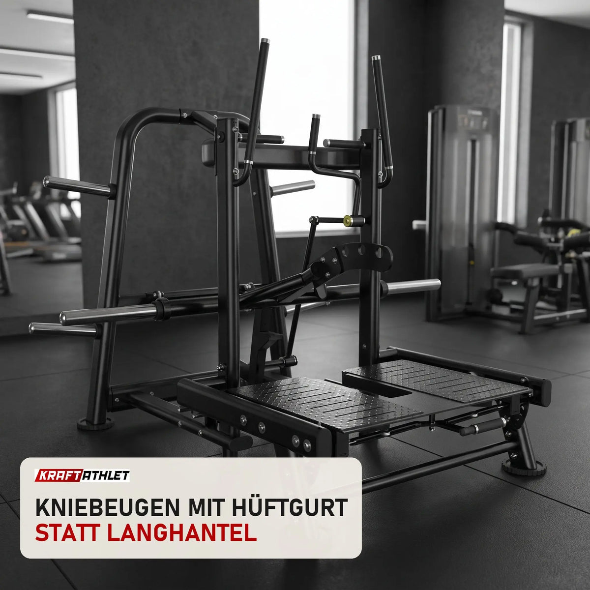 Titanium Strength Genesis Series Belt Squat in einem fertig eingerichteten Studio mit dunklen Wänden und Gummiboden