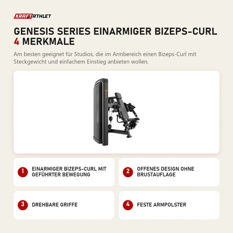 Titanium Strength Genesis Series Einarmiger Bizeps-Curl mit 4 Merkmalen: Einarmiger Bizeps-Curl mit geführter Bewegung, Offenes Design ohne Brustauflage, Drehbare Griffe, Feste Armpolster