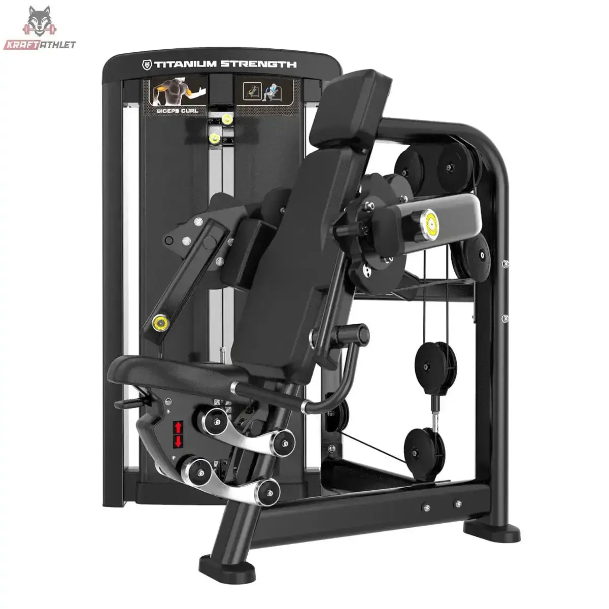 Titanium Strength Genesis Series Einarmiger Bizeps-Curl in Schrägansicht mit Armpolster, Seilrollen und Sitzverstellung in Schwarz