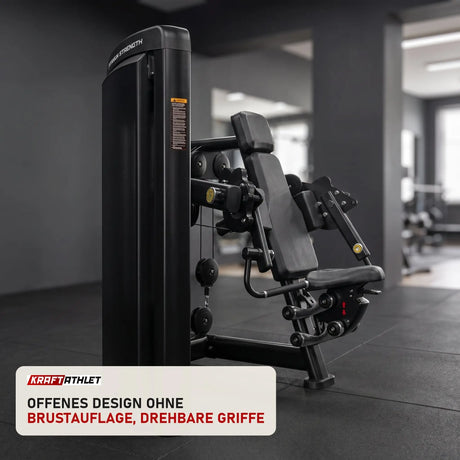 Titanium Strength Genesis Series Einarmiger Bizeps-Curl in einem fertig eingerichteten Studio mit dunklen Wänden und Gummiboden