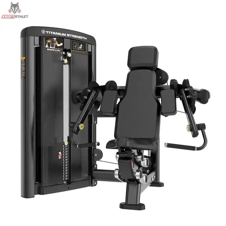 Titanium Strength Genesis Series Einarmiger Bizeps-Curl von vorne mit Sitz, Brustpolster und beiden Curlarmen in Schwarz