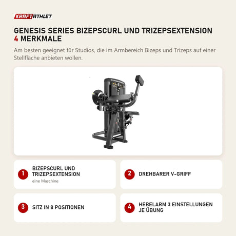 Titanium Strength Genesis Series Bizepscurl und Trizepsextension mit 4 Merkmalen: Bizepscurl und Trizepsextension, Drehbarer V-Griff, Sitz in 8 Positionen, Hebelarm 3 Einstellungen je Übung
