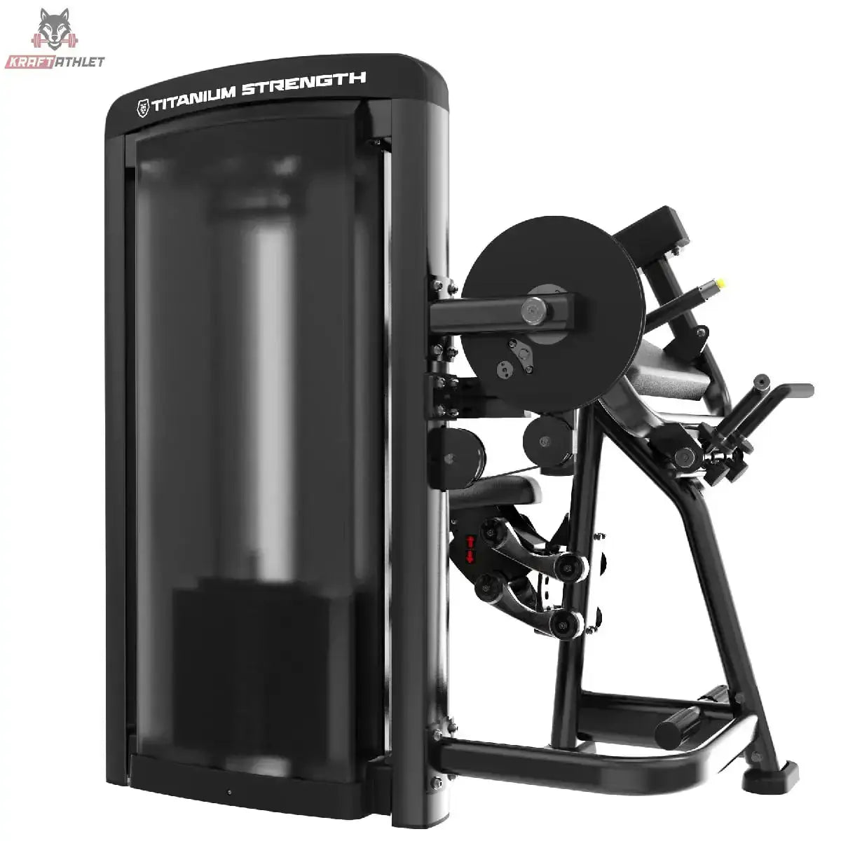 Titanium Strength Genesis Series Bizepscurl und Trizepsextension in Schwarz, Rückansicht mit Gewichtsstapelverkleidung