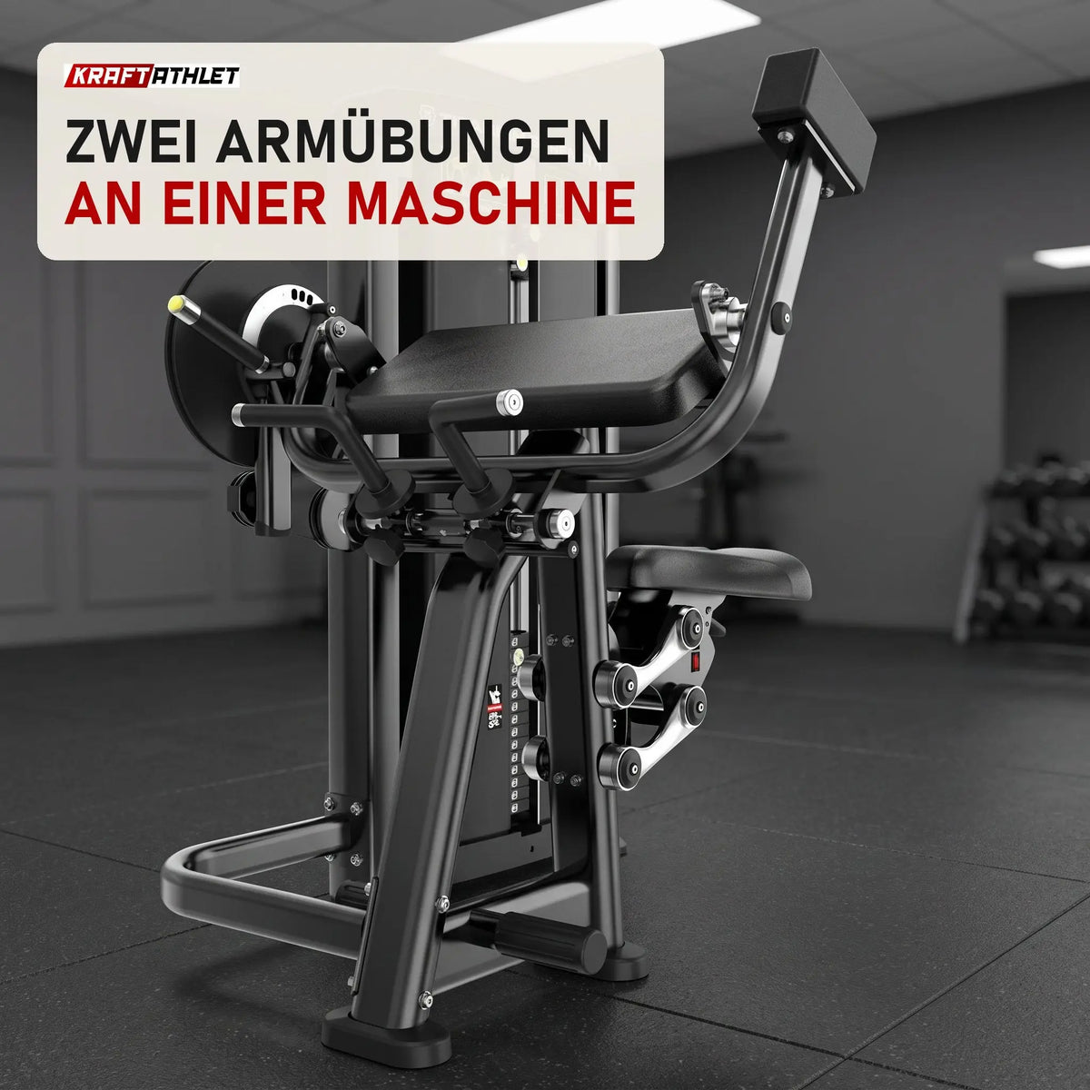 Titanium Strength Genesis Series Bizepscurl und Trizepsextension in einem fertig eingerichteten Studio mit dunklen Wänden und Gummiboden
