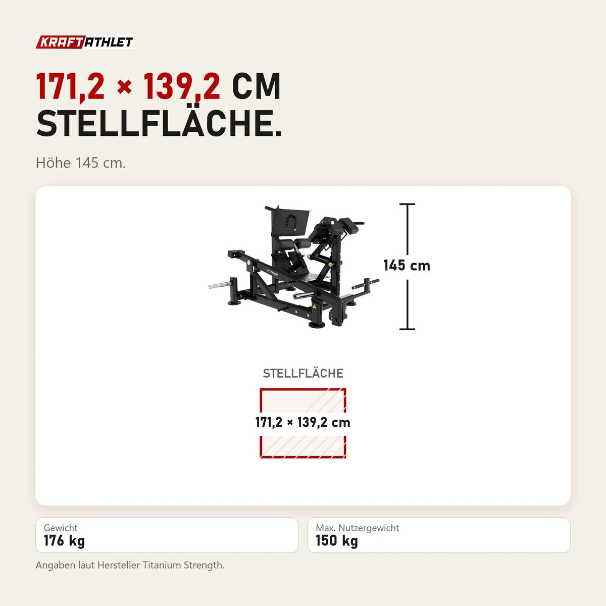 Maßbild Titanium Strength Genesis Series Duale Lendenwirbel-Hyperextension: Stellfläche 171,2 × 139,2 cm, Höhe 145 cm