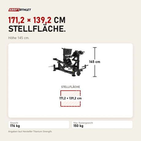 Maßbild Titanium Strength Genesis Series Duale Lendenwirbel-Hyperextension: Stellfläche 171,2 × 139,2 cm, Höhe 145 cm