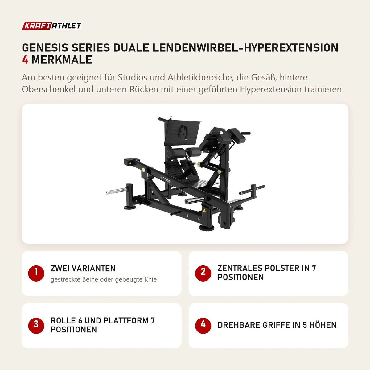 Titanium Strength Genesis Series Duale Lendenwirbel-Hyperextension mit 4 Merkmalen: Zwei Varianten, Zentrales Polster in 7 Positionen, Rolle 6 und Plattform 7 Positionen, Drehbare Griffe in 5 Höhen