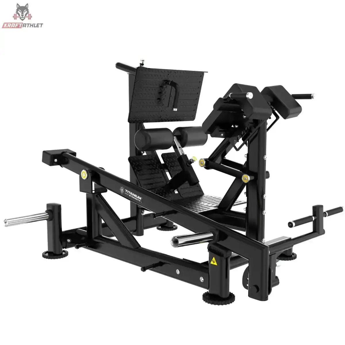 Titanium Strength Genesis Series Duale Lendenwirbel-Hyperextension in Schwarz, Schrägansicht von vorn mit Polstern