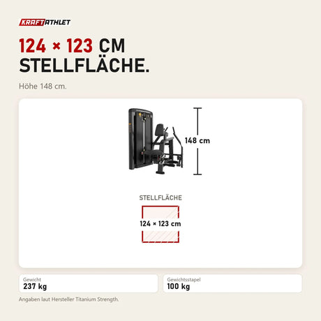 Maßbild Titanium Strength Genesis Series Einarmiges Sitzrudern: Stellfläche 124 × 123 cm, Höhe 148 cm