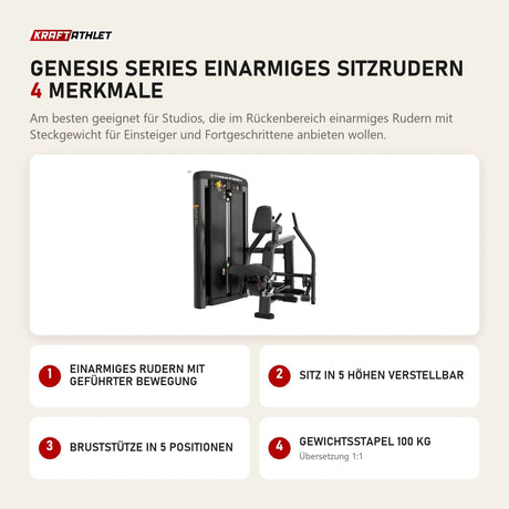 Titanium Strength Genesis Series Einarmiges Sitzrudern mit 4 Merkmalen: Einarmiges Rudern mit geführter Bewegung, Sitz in 5 Höhen verstellbar, Bruststütze in 5 Positionen, Gewichtsstapel 100 kg