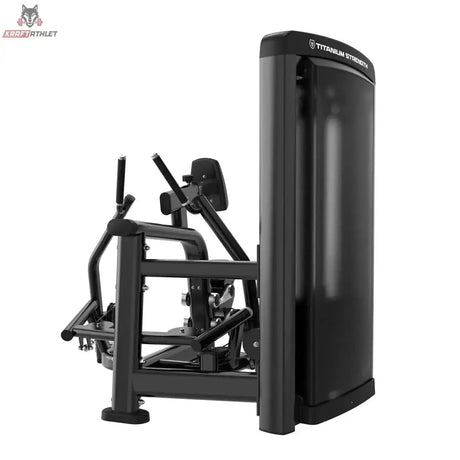 Titanium Strength Genesis Series Einarmiges Sitzrudern in Schwarz, Rückansicht mit Gewichtsstapelverkleidung