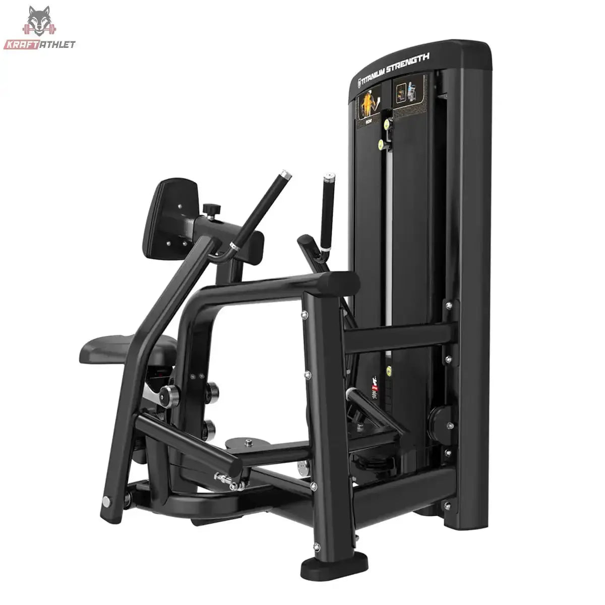 Titanium Strength Genesis Series Einarmiges Sitzrudern in Schwarz, Schrägansicht von hinten auf Sitz und Hebel