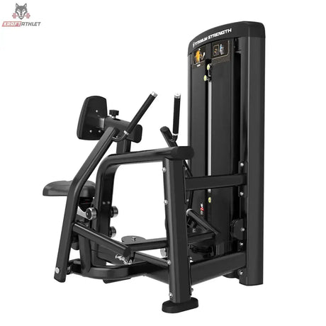 Titanium Strength Genesis Series Einarmiges Sitzrudern in Schwarz, Schrägansicht von hinten auf Sitz und Hebel