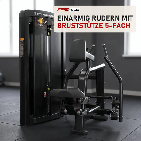 Titanium Strength Genesis Series Einarmiges Sitzrudern in einem fertig eingerichteten Studio mit dunklen Wänden und Gummiboden