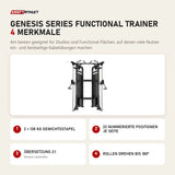 Titanium Strength Genesis Series Functional Trainer mit 4 Merkmalen: 2 × 138 kg Gewichtsstapel, 22 nummerierte Positionen je Seite, Übersetzung 2:1, Rollen drehen bis 180°