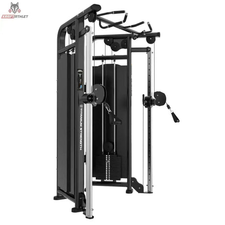 Titanium Strength Genesis Series Functional Trainer, Schrägansicht mit Klimmzuggriffen und Gewichtsturm