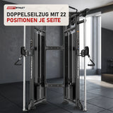 Titanium Strength Genesis Series Functional Trainer in einem fertig eingerichteten Studio mit dunklen Wänden und Gummiboden