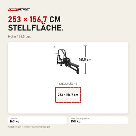 Maßbild Titanium Strength Genesis Series Heavy Row Machine: Stellfläche 253 × 156,7 cm, Höhe 161,5 cm