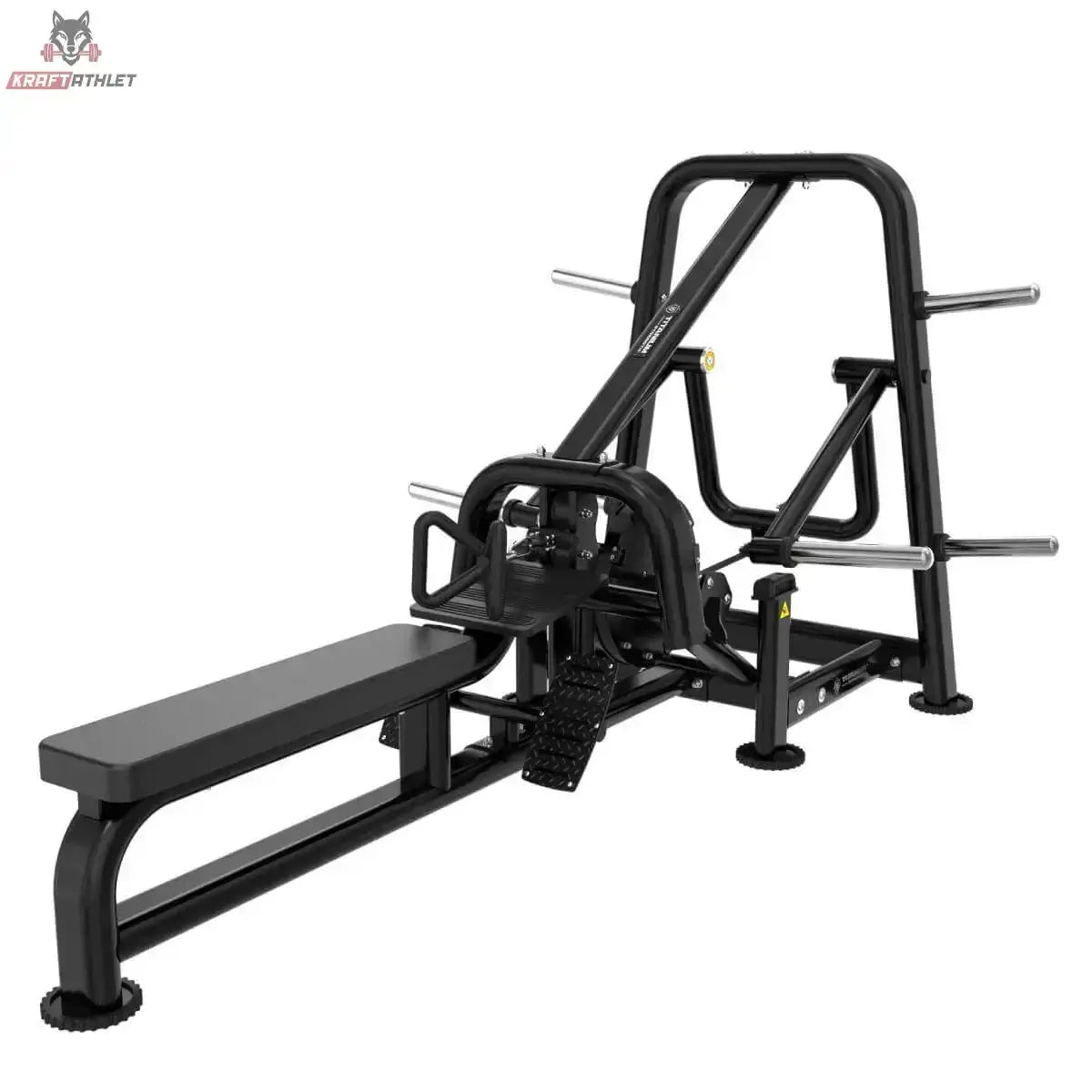 Titanium Strength Genesis Series Heavy Row Machine – Schrägansicht von der anderen Seite mit langer Liegebank