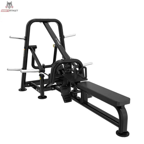 Titanium Strength Genesis Series Heavy Row Machine – Schrägansicht mit Brustpolster, Rudergriffen und Scheibenaufnahmen