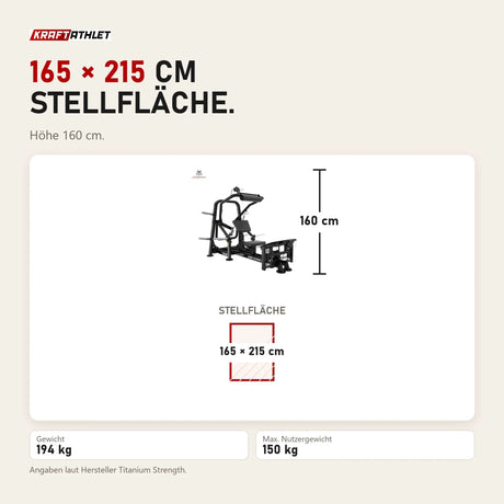 Maßbild Titanium Strength Genesis Series Hip Thrust: Stellfläche 165 × 215 cm, Höhe 160 cm