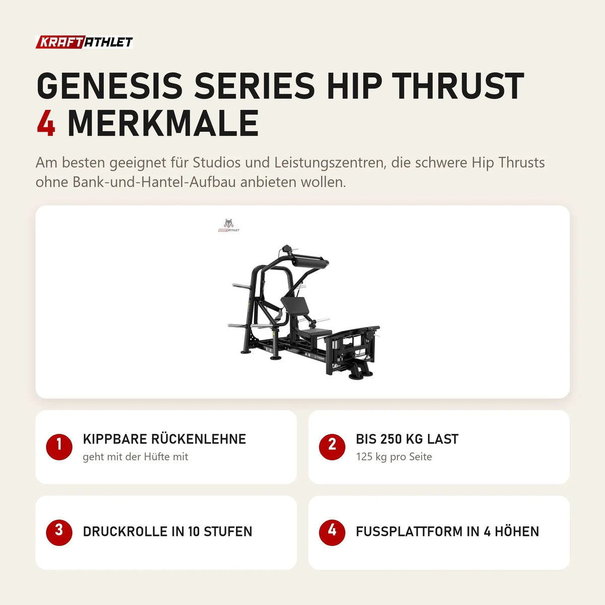 Titanium Strength Genesis Series Hip Thrust mit 4 Merkmalen: Kippbare Rückenlehne, Bis 250 kg Last, Druckrolle in 10 Stufen, Fußplattform in 4 Höhen