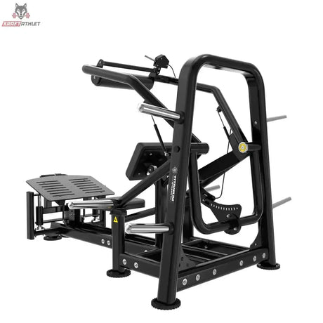 Titanium Strength Genesis Series Hip Thrust – Schrägansicht von hinten mit Fußplatte und Rahmen, schwarz