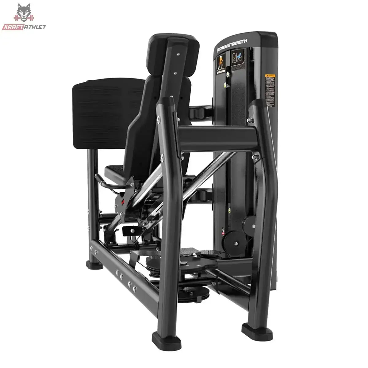 Titanium Strength Genesis Series Horizontale Beinpresse in Schwarz, Frontansicht mit Rückenpolster und Fußplatte