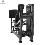 Titanium Strength Genesis Series Horizontale Beinpresse in Schwarz, Frontansicht mit Rückenpolster und Fußplatte