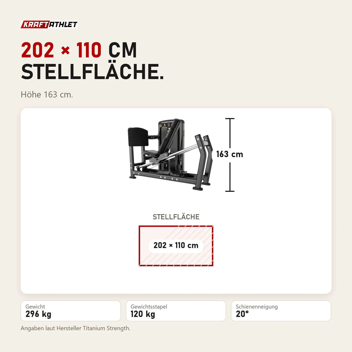 Maßbild Titanium Strength Genesis Series Horizontale Beinpresse: Stellfläche 202 × 110 cm, Höhe 163 cm