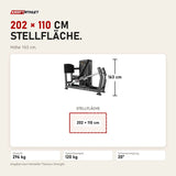 Maßbild Titanium Strength Genesis Series Horizontale Beinpresse: Stellfläche 202 × 110 cm, Höhe 163 cm