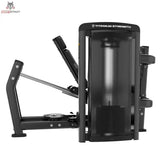 Titanium Strength Genesis Series Horizontale Beinpresse in Schwarz, Rückansicht mit Gewichtsturm