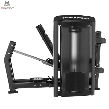 Titanium Strength Genesis Series Horizontale Beinpresse in Schwarz, Rückansicht mit Gewichtsturm