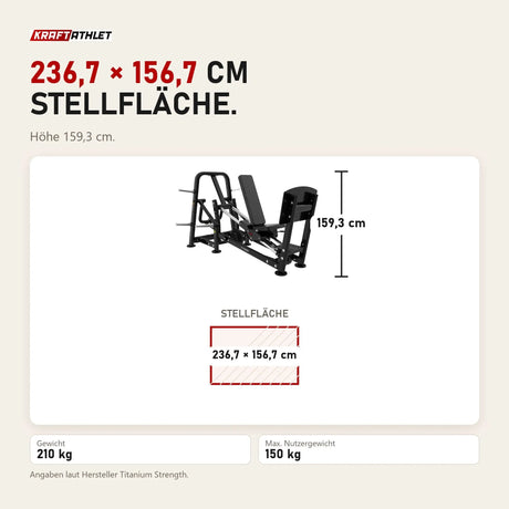 Maßbild Titanium Strength Genesis Series Horizontale Beinpresse mit Scheibenbeladung: Stellfläche 236,7 × 156,7 cm, Höhe 159,3 cm