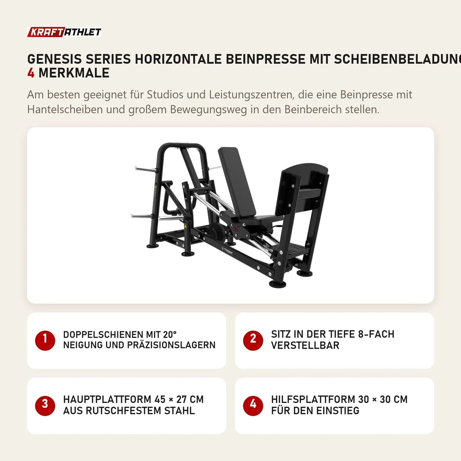 Titanium Strength Genesis Series Horizontale Beinpresse mit Scheibenbeladung mit 4 Merkmalen: Doppelschienen mit 20° Neigung und Präzisionslagern, Sitz in der Tiefe 8-fach verstellbar, Hauptplattform 45 × 27 cm aus rutschfestem Stahl, Hilfsplattform 30 × 30 cm für den Einstieg