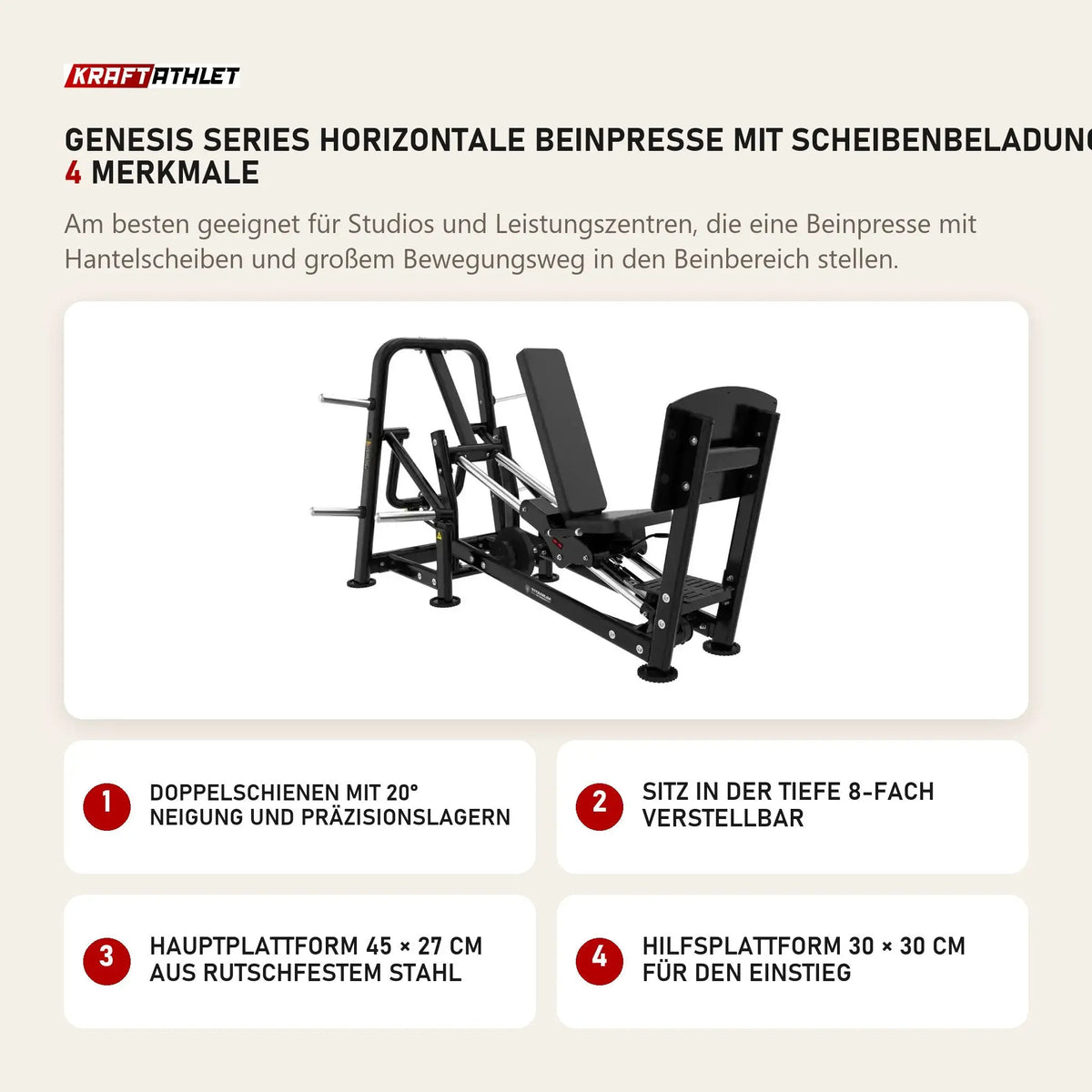 Titanium Strength Genesis Series Horizontale Beinpresse mit Scheibenbeladung mit 4 Merkmalen: Doppelschienen mit 20° Neigung und Präzisionslagern, Sitz in der Tiefe 8-fach verstellbar, Hauptplattform 45 × 27 cm aus rutschfestem Stahl, Hilfsplattform 30 × 30 cm für den Einstieg