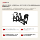 Titanium Strength Genesis Series Horizontale Beinpresse mit Scheibenbeladung mit 4 Merkmalen: Doppelschienen mit 20° Neigung und Präzisionslagern, Sitz in der Tiefe 8-fach verstellbar, Hauptplattform 45 × 27 cm aus rutschfestem Stahl, Hilfsplattform 30 × 30 cm für den Einstieg