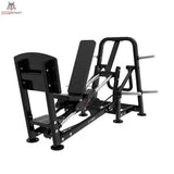 Titanium Strength Genesis Series Horizontale Beinpresse mit Scheibenbeladung, Schrägansicht von hinten mit Rückenlehne und Griffen