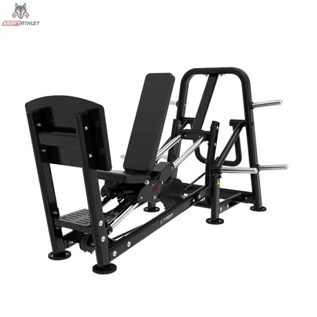 Titanium Strength Genesis Series Horizontale Beinpresse mit Scheibenbeladung, Schrägansicht von hinten mit Rückenlehne und Griffen