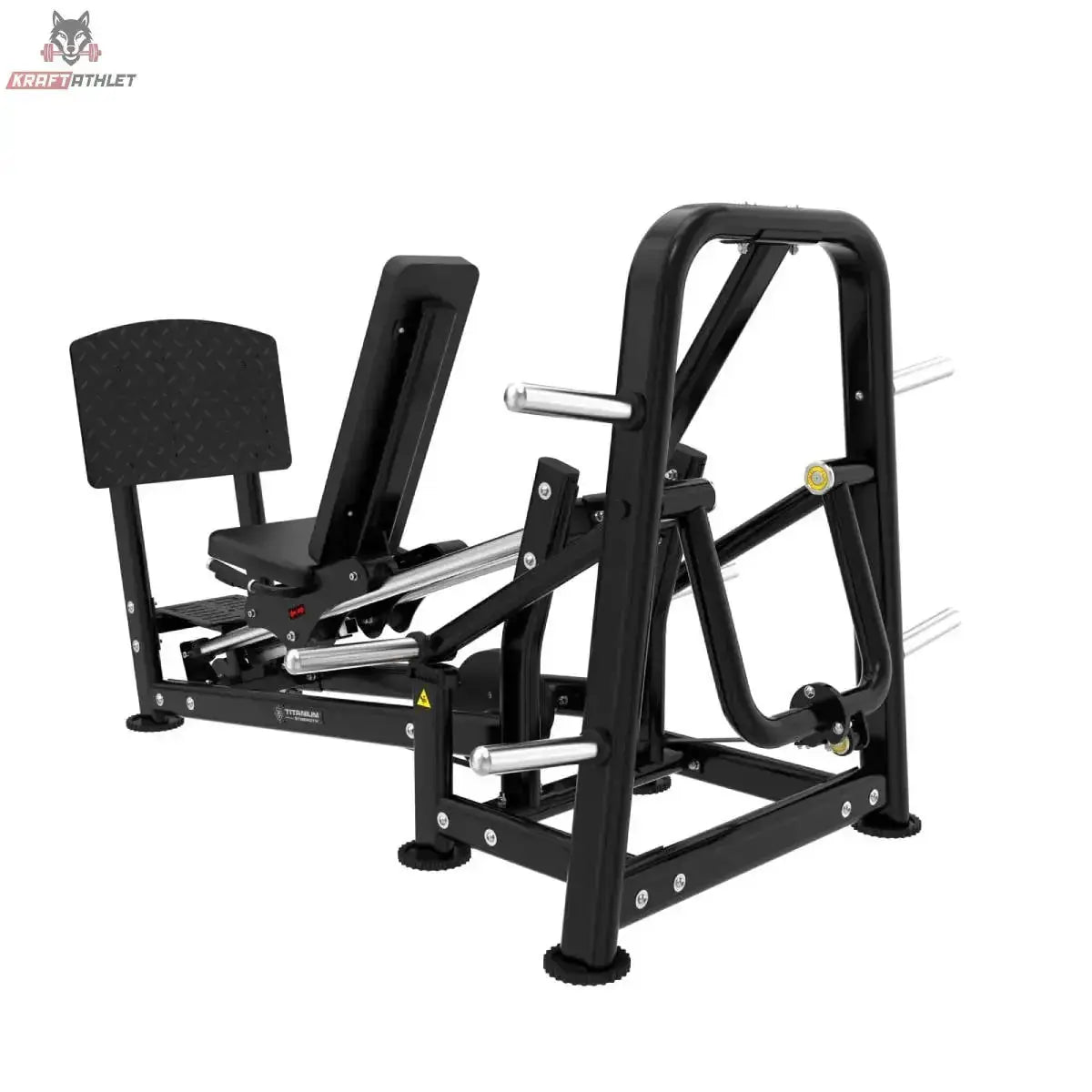 Titanium Strength Genesis Series Horizontale Beinpresse mit Scheibenbeladung, Schrägansicht von vorn links mit Fußplatte