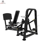 Titanium Strength Genesis Series Horizontale Beinpresse mit Scheibenbeladung, Schrägansicht von vorn links mit Fußplatte