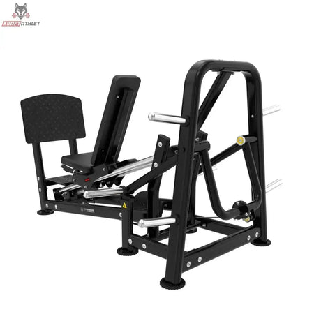 Titanium Strength Genesis Series Horizontale Beinpresse mit Scheibenbeladung, Schrägansicht von vorn links mit Fußplatte