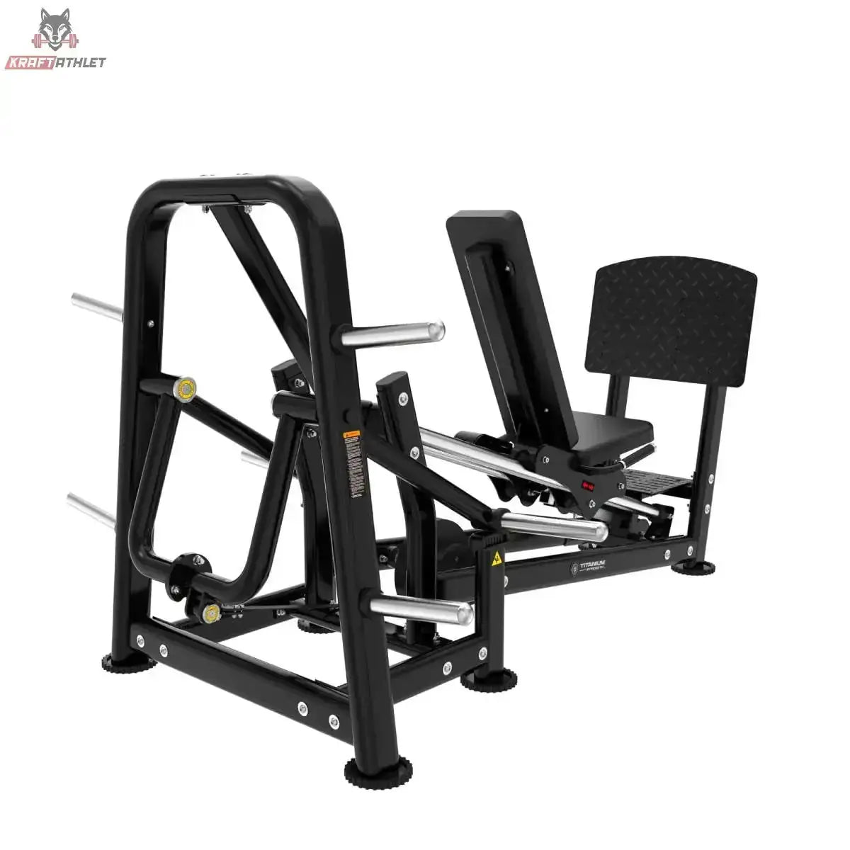 Titanium Strength Genesis Series Horizontale Beinpresse mit Scheibenbeladung, Schrägansicht von vorn rechts mit Sitz und Fußplatte