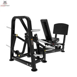 Titanium Strength Genesis Series Horizontale Beinpresse mit Scheibenbeladung, Schrägansicht von vorn rechts mit Sitz und Fußplatte