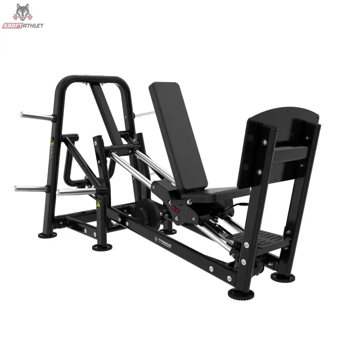 Titanium Strength Genesis Series Horizontale Beinpresse mit Scheibenbeladung, Seitenansicht mit Fußplatte, Rückenlehne und Scheibenhaltern