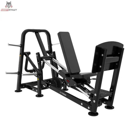 Titanium Strength Genesis Series Horizontale Beinpresse mit Scheibenbeladung, Seitenansicht mit Fußplatte, Rückenlehne und Scheibenhaltern