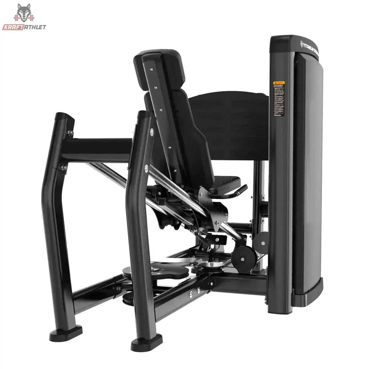 Titanium Strength Genesis Series Horizontale Beinpresse in Schwarz, Schrägansicht von vorne mit Sitz