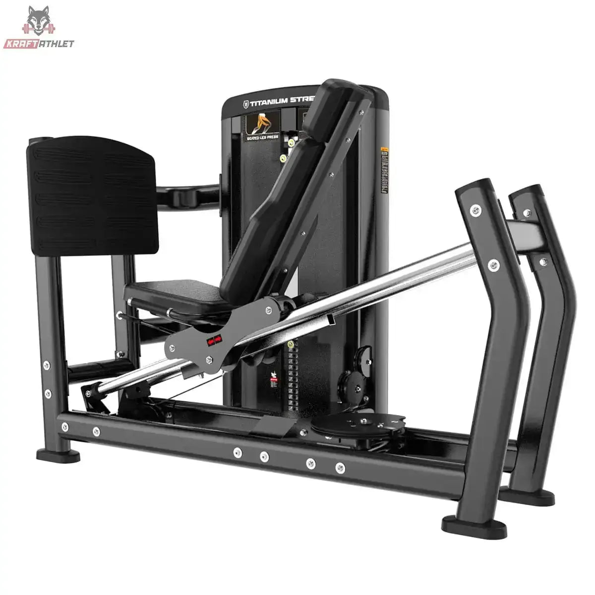 Titanium Strength Genesis Series Horizontale Beinpresse in Schwarz, Seitenansicht mit Fußplatte und Gewichtsturm