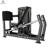 Titanium Strength Genesis Series Horizontale Beinpresse in Schwarz, Seitenansicht mit Fußplatte und Gewichtsturm