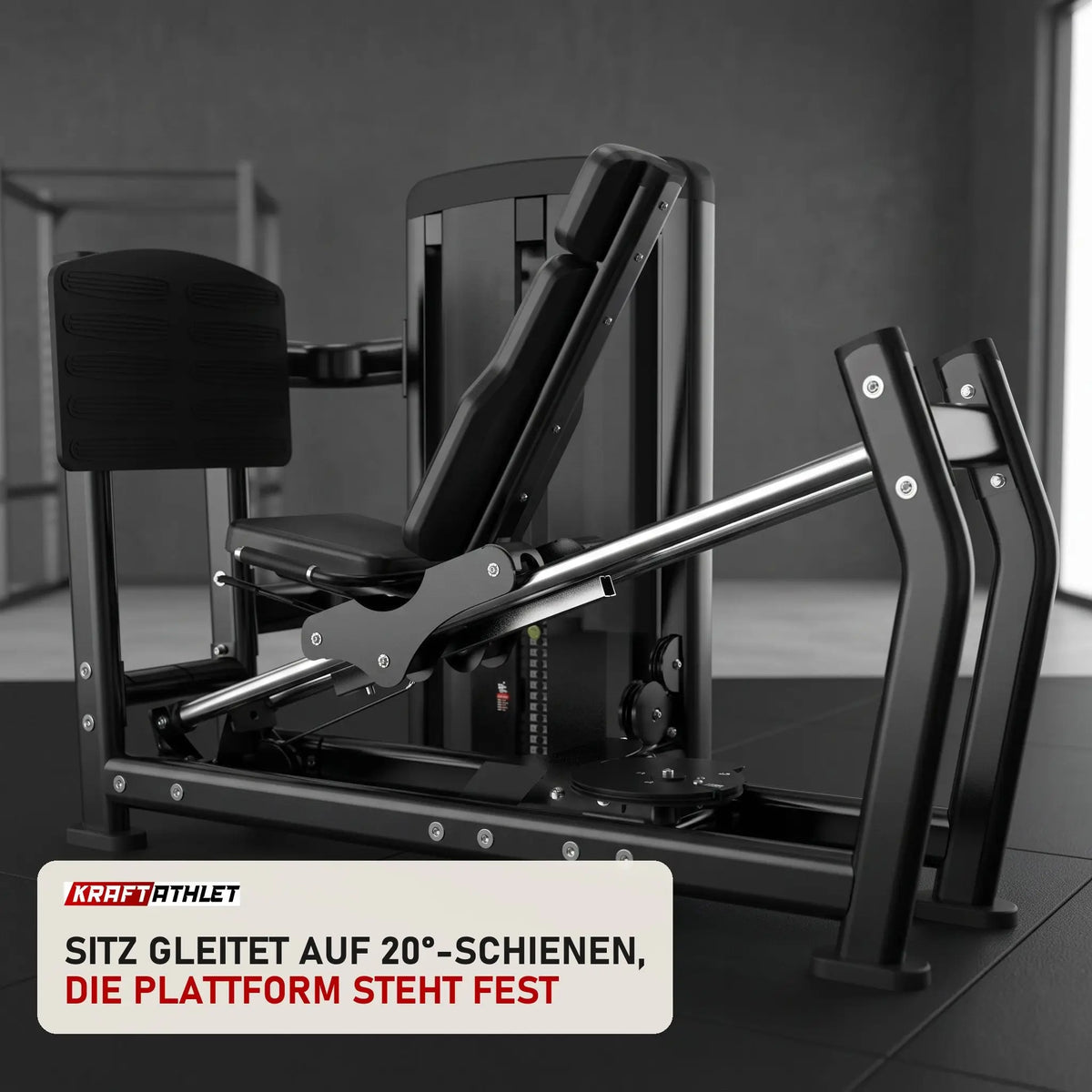Titanium Strength Genesis Series Horizontale Beinpresse in einem fertig eingerichteten Studio mit dunklen Wänden und Gummiboden